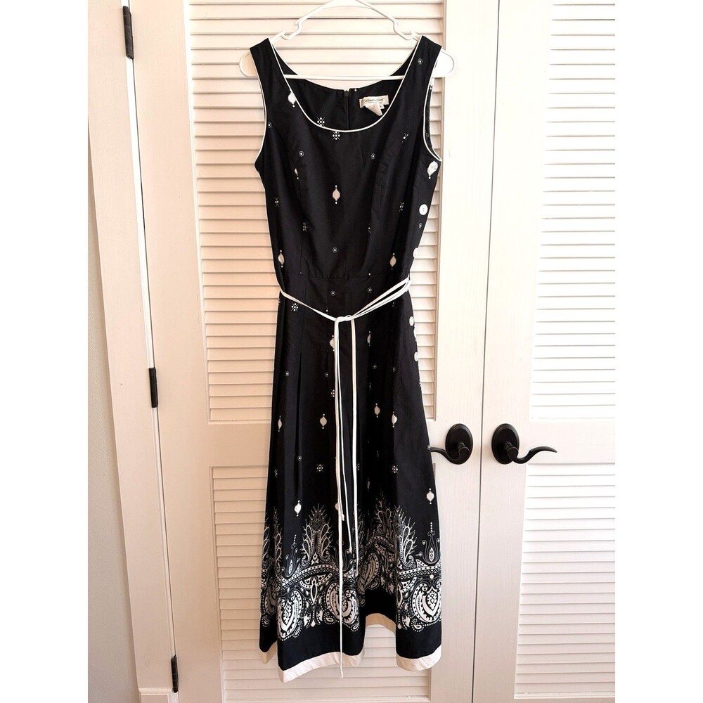 Vintage Coldwater Creek Cotton Dress Black White Paisley Border Size 8